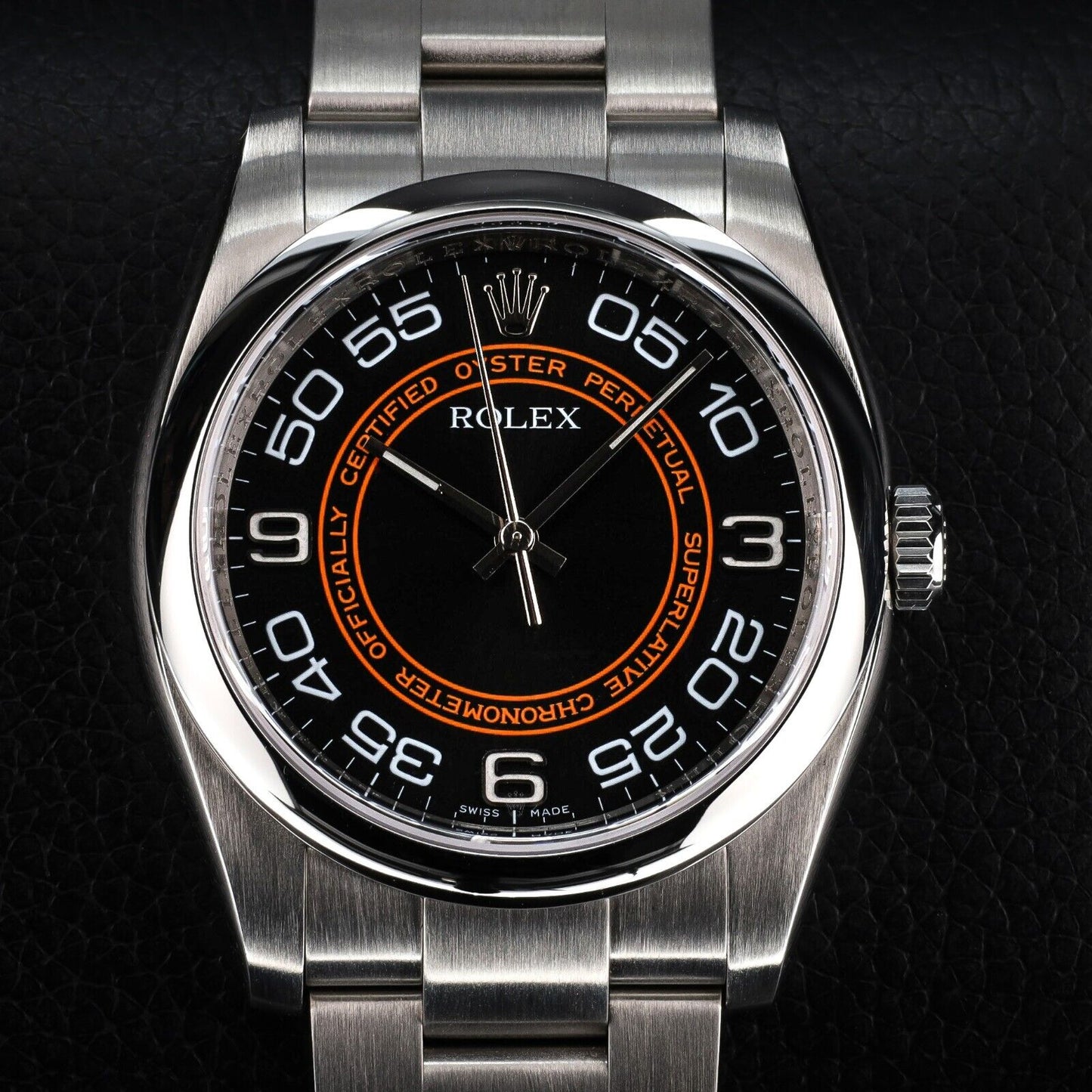 Rolex Black Orange Dial with Oyster Bracelet with Silver Bezel-116000