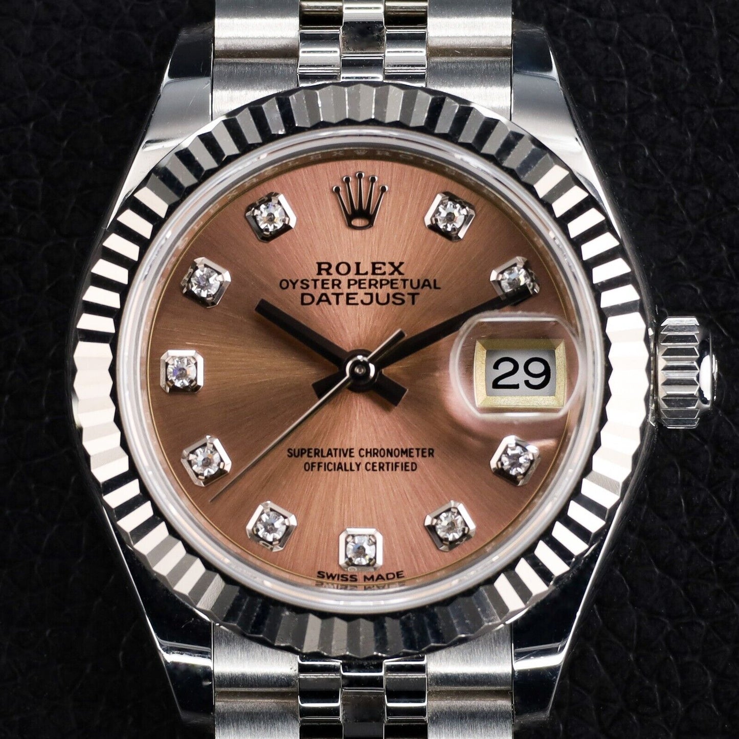 Rolex Date just Ladies Pink Dial Diamond Markers-M279174